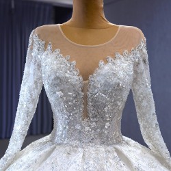 Long Sleeve Wedding Gown Crystal Bead Scoop Neck Lace Appliques Embroidery Wedding Dress 